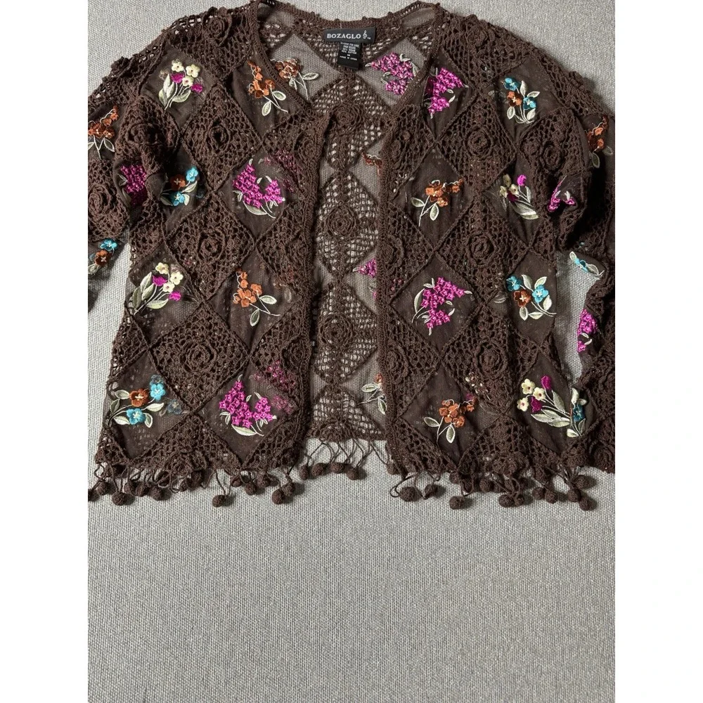 Bozaglo Women's Brown Crochet Open Front Sweater With Pink Floral Size Medium